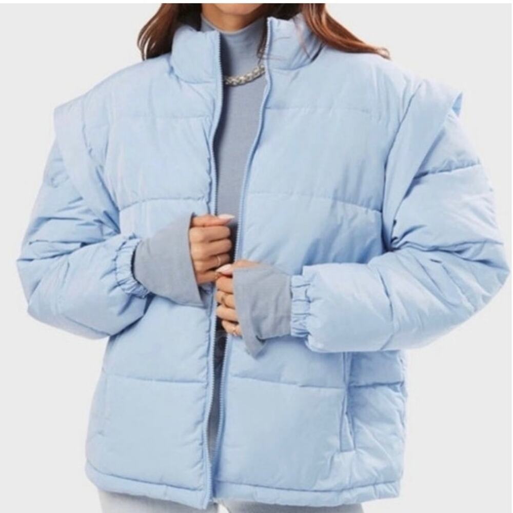 We Wore What Puffer Jacket with Removable Sleeves Oversized Size XS Blue New